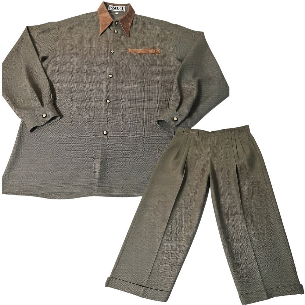 Vintage Inserch Men's Suede Collar Shirt & Pants Set Size L Tony Soprano Lounge